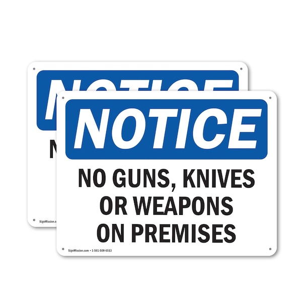 Signmission No Guns Knives Or Weapons On Premises OSHA Notice Sign, Plastic, 10in W x 7in L, 2PK OS-2PACK-NS-P-710-L-16135 - main